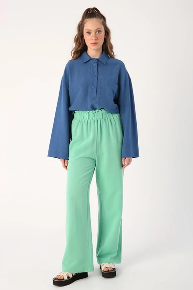 Soft Yeşil-Beli Fırfırlı Bol Paça Viskon Keten Pantolon - Resim 2