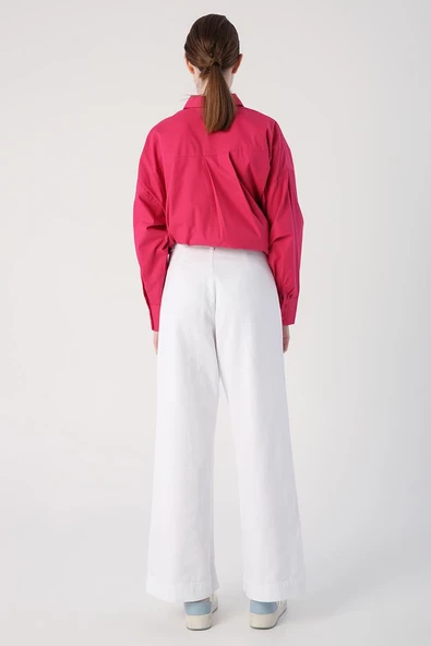 Beyaz-%100 Pamuk Yüksek Bel Bol Paça Pantolon - Resim 4