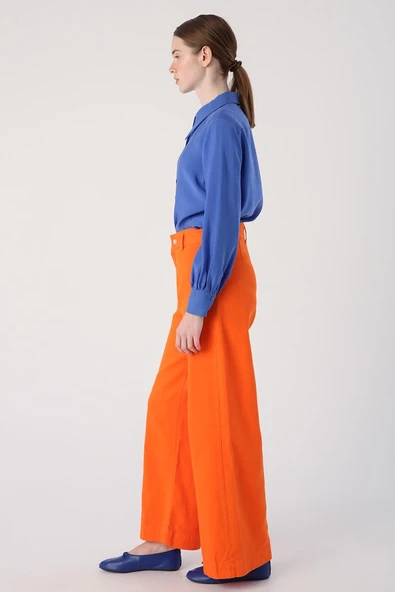 Turuncu-%100 Pamuk Yüksek Bel Bol Paça Pantolon - Resim 3