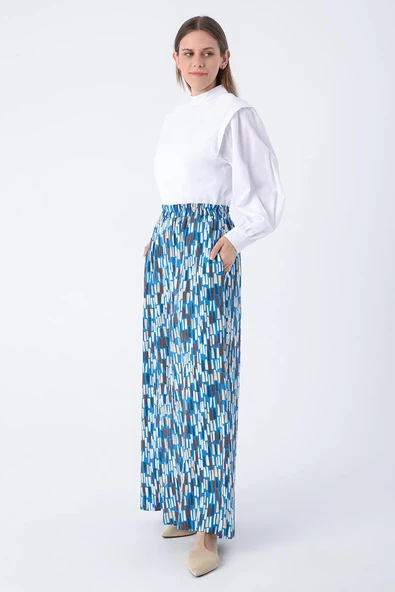 Koyu Mavi-Ekru-Baskılı Paçası Yırtmaçlı Beli Lastikli Wide Leg Viskon Keten Pantolon - Resim 4