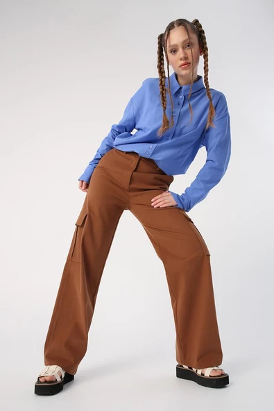 Toprak-Pamuklu Kargo Cepli Likralı Bol Paça Pantolon ürün görseli 1