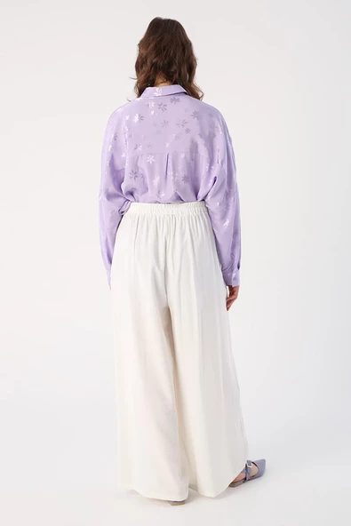 Kırık Beyaz-Beli Lastikli Önü Pileli Bol Paça Pantolon - Resim 4