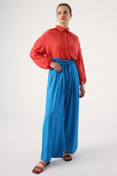 Mavi-Beli Lastikli Pileli Bol Paça Viscon Pantolon ürün görseli 1