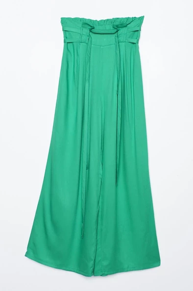 Çimen Yeşili-Beli Lastikli Pileli Bol Paça Viscon Pantolon - Resim 5