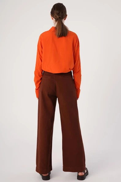 Kahve-%100 Pamuk Pileli Bol Paça Cepli Pantolon - Resim 4