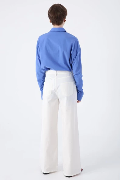 Kırık Beyaz-Pamuklu Bol Paça Cepli Likralı Pantolon - Resim 4