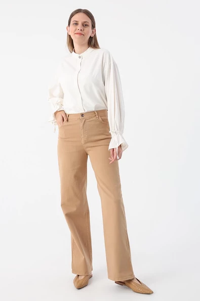 Sütlü Kahve-Pamuklu Wide Leg Likralı Pantolon
