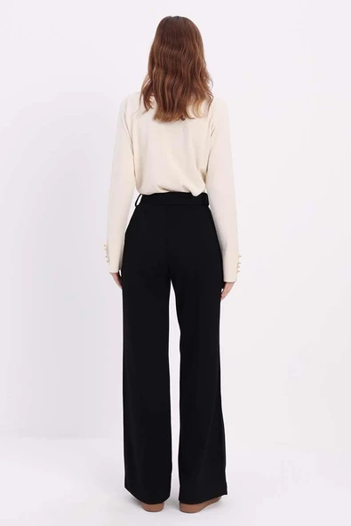 Siyah-Nervürlü Bol Paça Pantolon - Resim 4