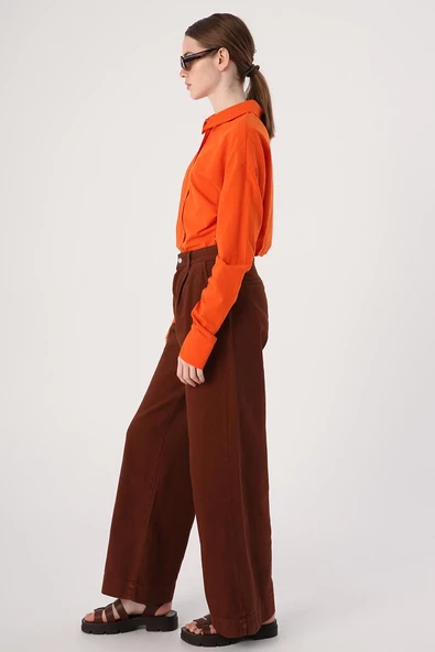 Kahve-%100 Pamuk Pileli Bol Paça Cepli Pantolon - Resim 3