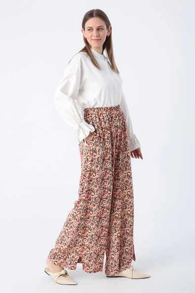 Somon-Kiremit-Baskılı Paçası Yırtmaçlı Beli Lastikli Wide Leg Viskon Keten Pantolon - Resim 2