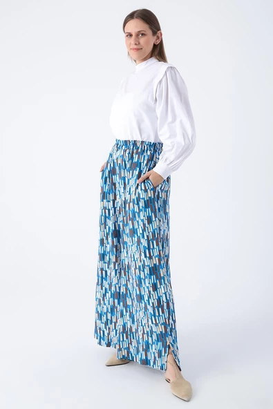 Koyu Mavi-Ekru-Baskılı Paçası Yırtmaçlı Beli Lastikli Wide Leg Viskon Keten Pantolon - Resim 2