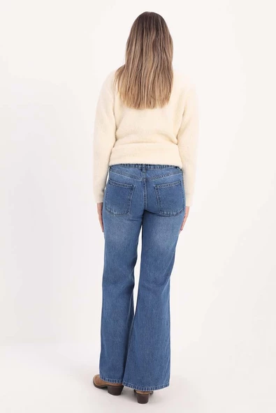 Koyu Mavi-%100 Pamuklu İspanyol Paça Pantolon - Resim 3