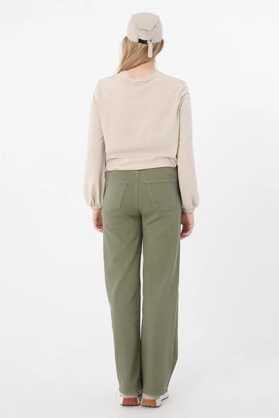 Haki-Pamuklu Wide Leg Likralı Pantolon - Resim 4