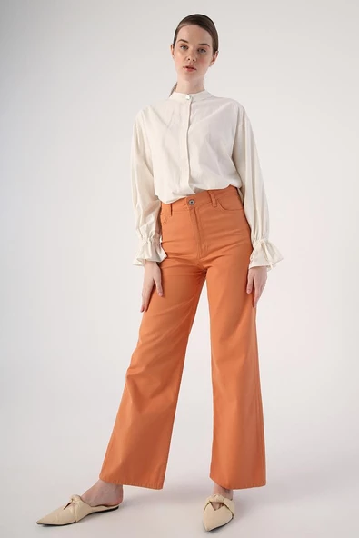 Tarçın-%100 Pamuk Bol Paça Parça Boyama Rahat Kalıp Pantolon ürün görseli 1