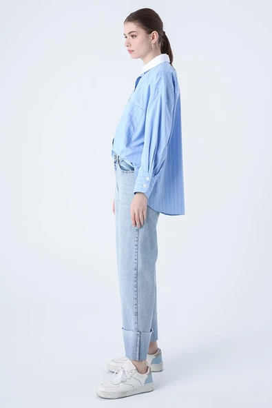 Mavi-%100 Pamuk Yüksek Bel Bol Paça Katlama Detaylı Denim Pantolon - Resim 3