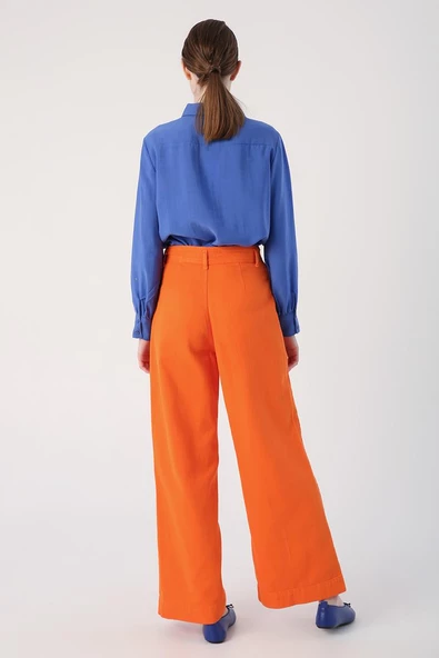 Turuncu-%100 Pamuk Yüksek Bel Bol Paça Pantolon - Resim 4