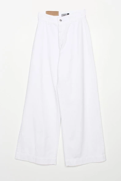 Beyaz-%100 Pamuk Yüksek Bel Bol Paça Pantolon - Resim 8