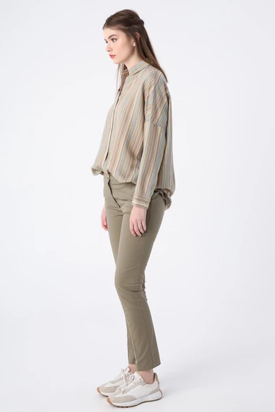 Haki-Pamuklu Ütü İzli Cepli Likralı Dar Paça Pantolon - Resim 3