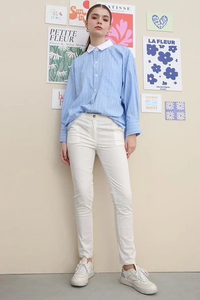 Kırık Beyaz-Pamuklu Ütü İzli Cepli Likralı Dar Paça Pantolon ürün görseli 1