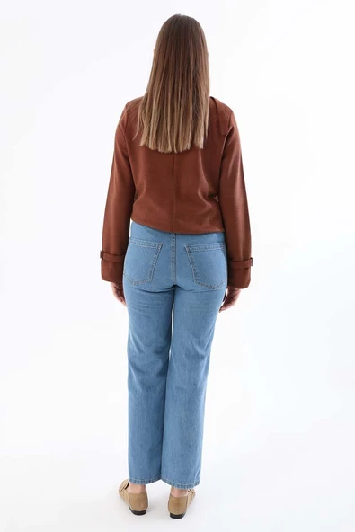 Mavi-%100 Pamuk Boru Paça Orta Bel Denim Pantolon - 4