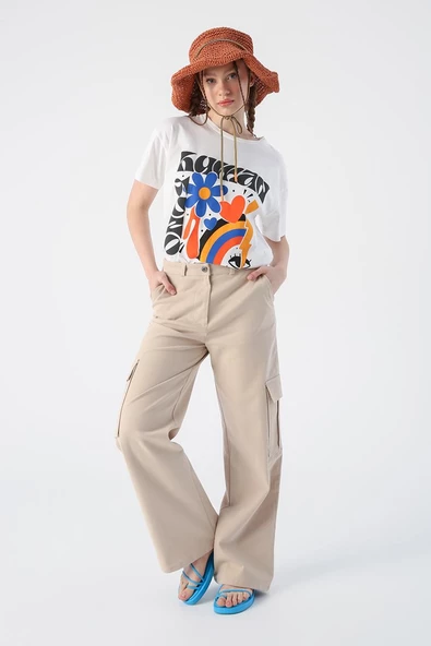 Açık Bej-Pamuklu Kargo Cepli Likralı Bol Paça Pantolon ürün görseli 1