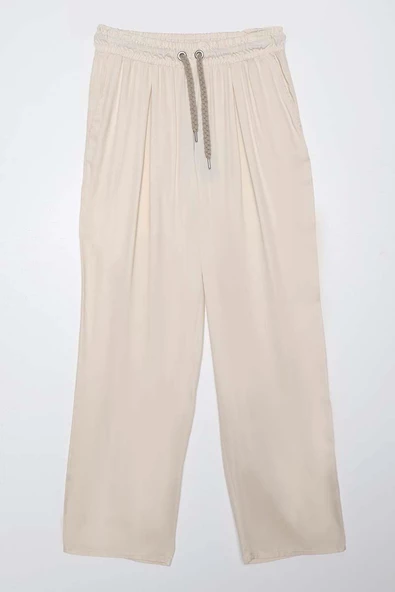 Ekru-Beli Lastikli Geniş Paça Pantolon - Resim 6