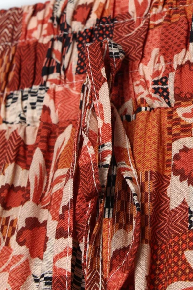 Kiremit-Bej-Desenli Beli Lastikli Rahat Kalıp Viskon Pantolon - Resim 6