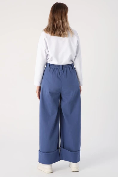 Mavi-Pamuklu Geniş Paça Katlamalı Likralı Pantolon - Resim 4