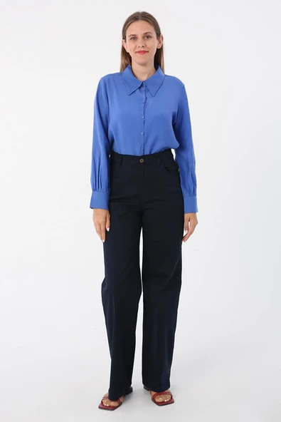 Lacivert-Pamuklu Yüksek Bel Bol Paça Likralı Pantolon - Resim 2