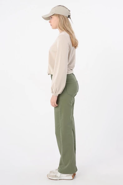 Haki-Pamuklu Wide Leg Likralı Pantolon - Resim 3