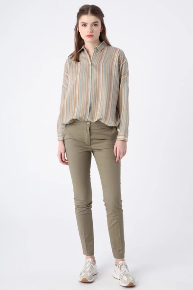 Haki-Pamuklu Ütü İzli Cepli Likralı Dar Paça Pantolon - Resim 2