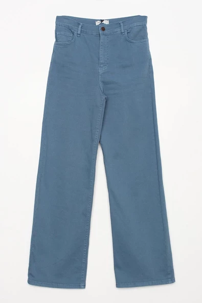 Mavi-Pamuklu Wide Leg Likralı Pantolon - Resim 7