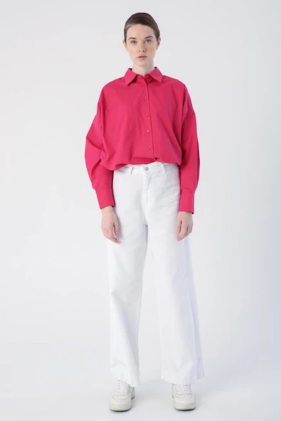 Beyaz-%100 Pamuk Yüksek Bel Bol Paça Pantolon - Resim 2