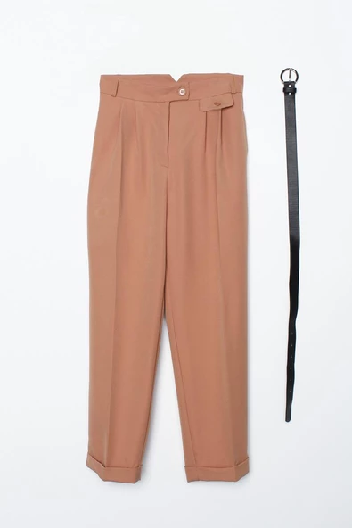 Toprak-Kemerli Duble Paça Pileli Havuç Pantolon - Resim 7