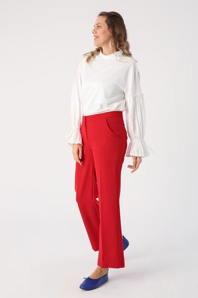 Kırmızı-Cepli Bol Paça Pantolon - Resim 3