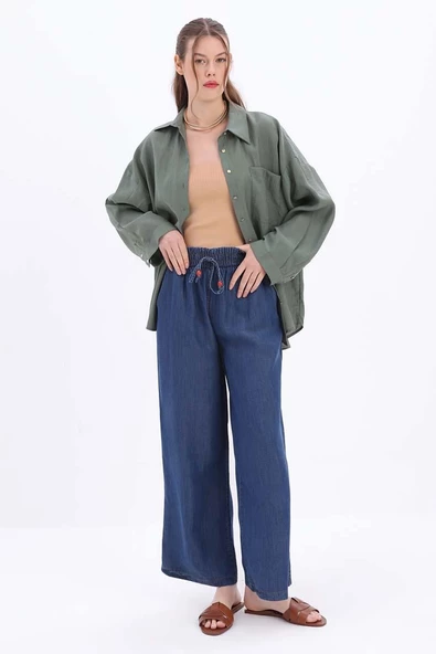 Koyu Mavi-Beli Lastikli Denim Pantolon ürün görseli 1