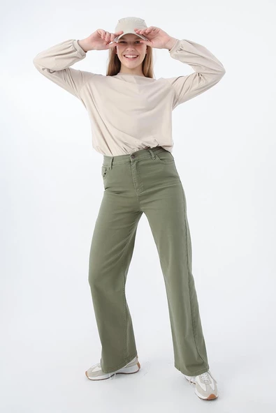 Haki-Pamuklu Wide Leg Likralı Pantolon ürün görseli 1