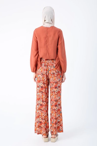 Kiremit-Bej-Desenli Beli Lastikli Rahat Kalıp Viskon Pantolon - Resim 4