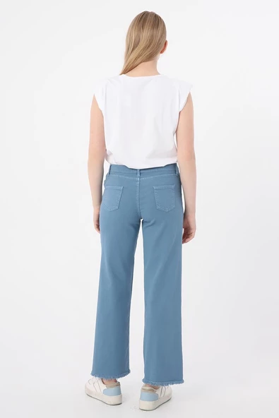 Mavi-Pamuklu Paçası Püsküllü Pantolon - Resim 4