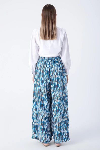 Koyu Mavi-Ekru-Baskılı Paçası Yırtmaçlı Beli Lastikli Wide Leg Viskon Keten Pantolon - Resim 5