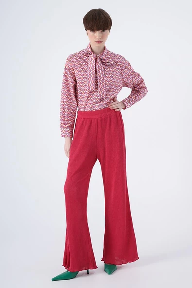 Fuşya-Piliseli Bol Paça Beli Lastikli Pantolon - Resim 2