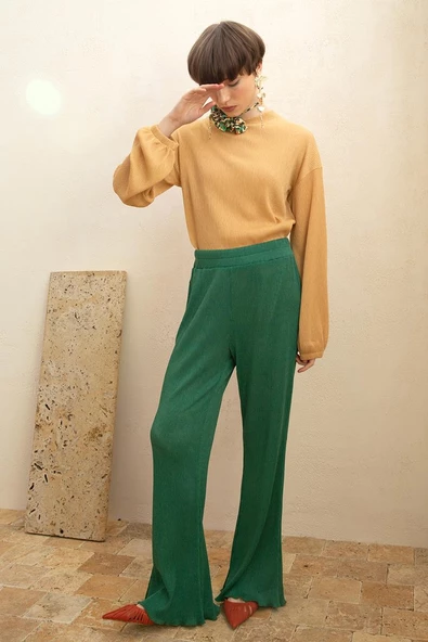 Yeşil-Piliseli Bol Paça Beli Lastikli Pantolon ürün görseli 1