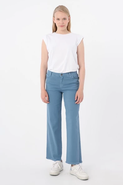 Mavi-Pamuklu Paçası Püsküllü Pantolon - Resim 2