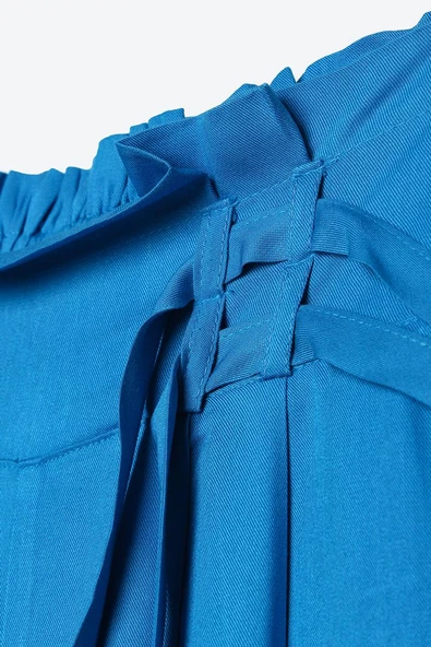 Mavi-Beli Lastikli Pileli Bol Paça Viscon Pantolon - Resim 6