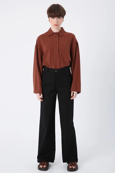 Siyah-Pamuklu Bol Paça Cepli Likralı Pantolon - Resim 2