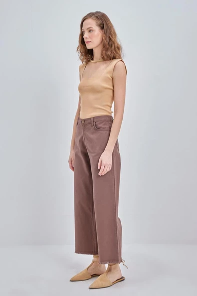 Kahve-Pamuklu Paçası Püsküllü Pantolon - Resim 3