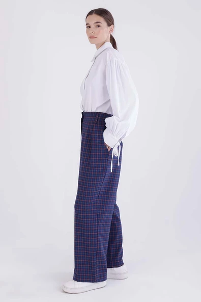 Lacivert-Turuncu-Pileli Ekose Desenli Likralı Palazzo Pantolon - Resim 3