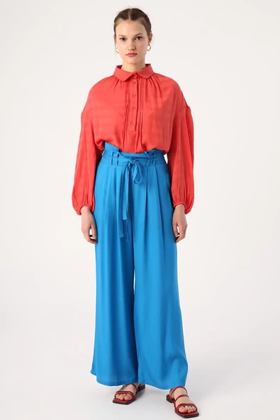 Mavi-Beli Lastikli Pileli Bol Paça Viscon Pantolon - Resim 2