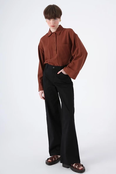 Siyah-Pamuklu Bol Paça Cepli Likralı Pantolon ürün görseli 1