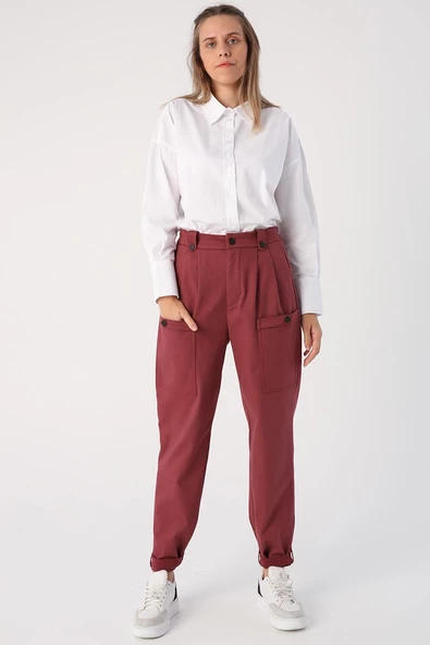 Gül Kurusu-Pamuklu Apolet Detaylı Çıtçıtlı Likralı Kargo Pantolon - Resim 2